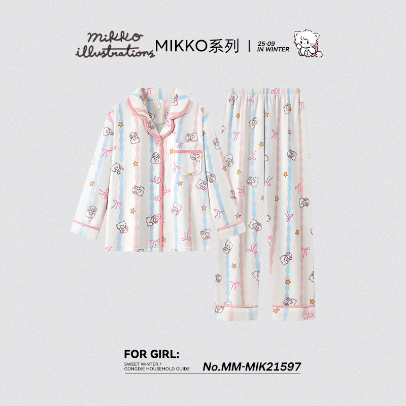 宫蝶【蓄热型】mikko法兰绒睡衣女秋冬加厚保暖珊瑚绒家居服套装
