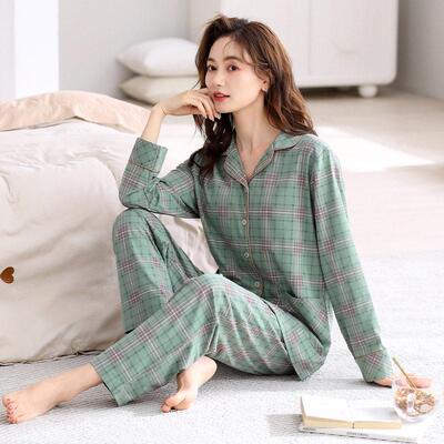 带胸垫睡衣女春秋款纯棉长袖翻领中年妈妈大码秋季女士家居服套装