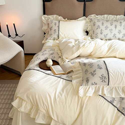 新款四件套法式田园风花边款素锦水洗棉泡泡棉皱皱纱天竺棉四件套