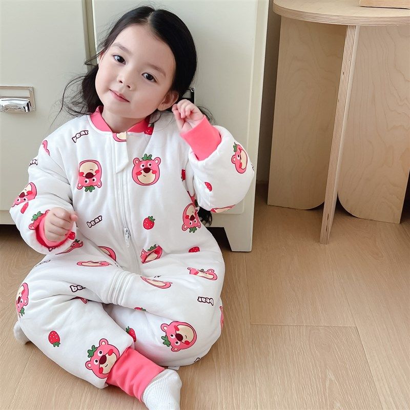 洋气宝宝豆豆绒纯棉加厚睡袋冬季男女儿童保暖分腿连体睡衣防踢被
