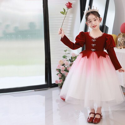 女童拜年红色过年礼服秋冬轻奢小众高端小主持人儿童生日公主裙子