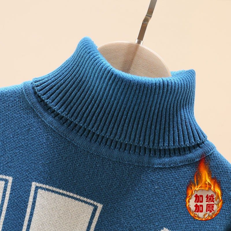 男童毛衣高领加绒加厚红色秋冬款男孩中大童纯棉针织衫儿童打底衫