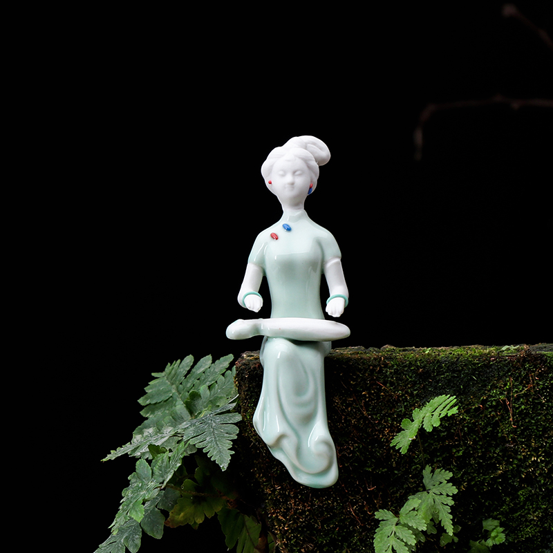 精品青瓷手工仕女陶瓷禅意博古架电视柜中式人物家居装饰品小摆件