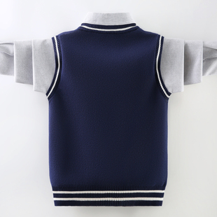 男童假两件衬衫毛衣套头秋冬款儿童加绒加厚中大童男孩针织打底衫