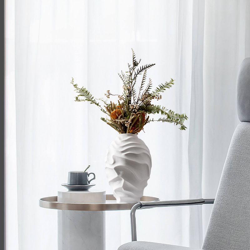 白色陶瓷哑光波浪纹花瓶极简新中式样板间书房简约风软装摆件