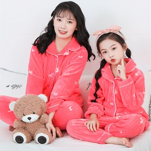 儿童秋冬季加厚款法兰绒睡衣男童珊瑚绒一家三口亲子装女童家居服