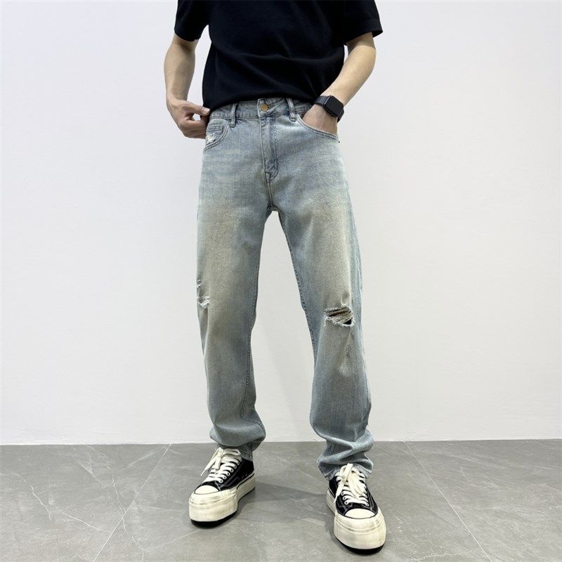 复古vintage水洗浅蓝破洞弹力小直筒牛仔裤男夏合体有型显瘦长裤,男装,牛仔裤,淘宝优惠券,粉丝福利购,淘宝优惠卷