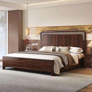 新中式乌金木实木床卧室1.8M双人大床现代中式别墅气压储物实木床