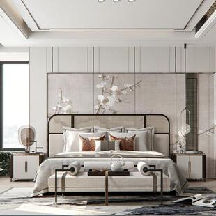 新中式实木双人床藤编白蜡木样板房1.8米2大户型轻奢卧室民宿家具