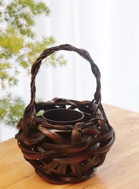 七月七竹编花器 仿古花篮 竹工艺品 竹制品竹篮子传统花艺插花篮
