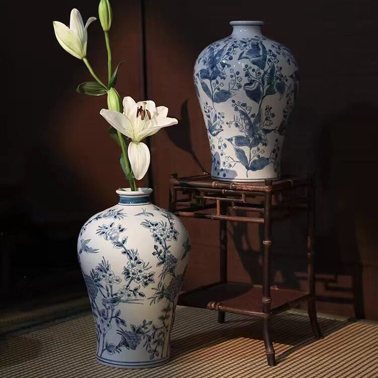 新中式青花瓷陶瓷花瓶复古客厅插花花器玄关摆件梅瓶