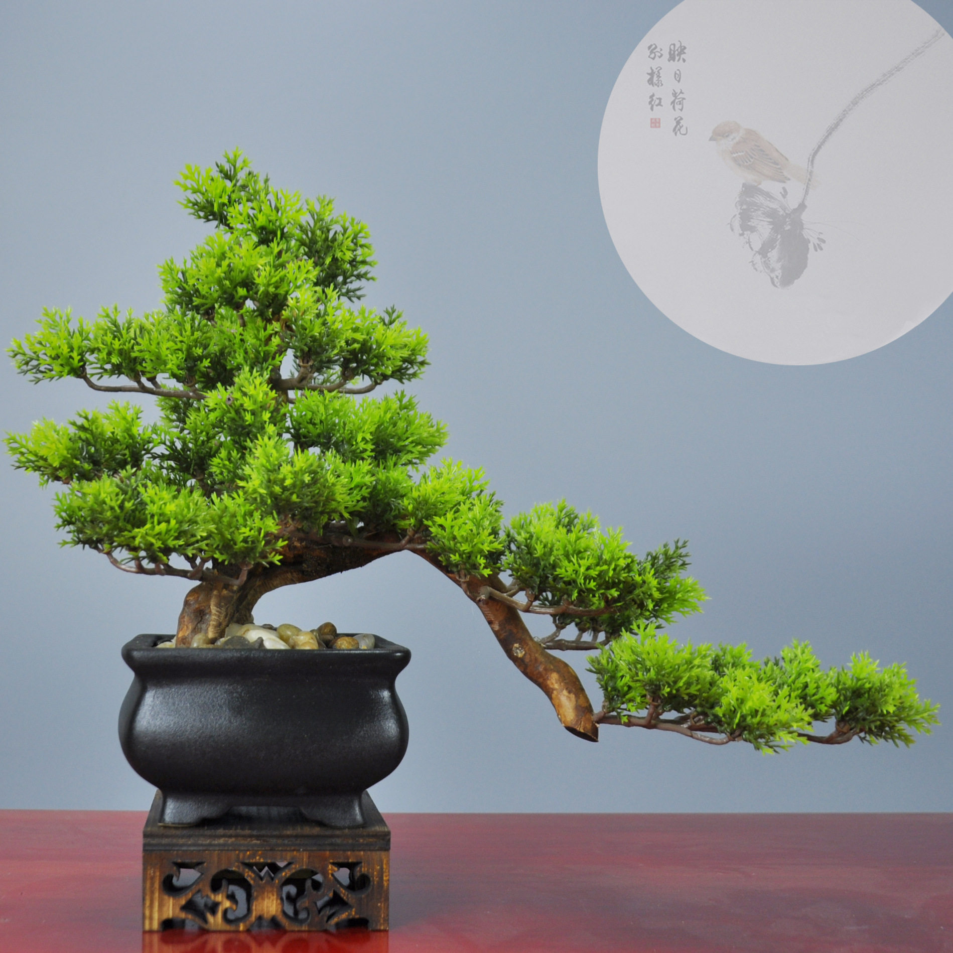 新中式仿真绿植盆景崖柏迎客松植物工艺品摆件家居样板间软装饰品
