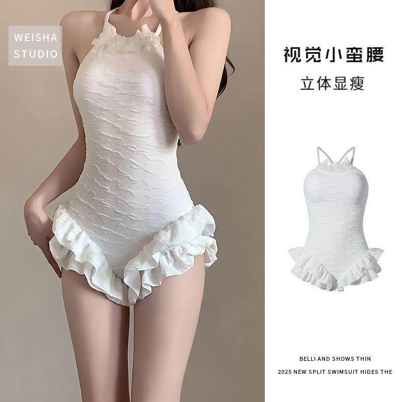 荷叶花边连体泳衣法式仙女范珍珠装饰保守遮肚聚拢显瘦泡温泉泳装