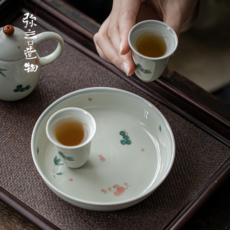 弥言釉下彩手绘干泡壶承茶托秘青陶瓷小茶台茶盘茶点盘茶道配件