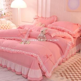 韩版 寝室三件套工厂 床裙四件套蕾丝边床单四件套小清新磨毛春秋款