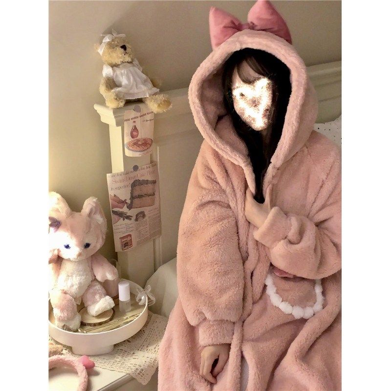 甜美连帽秋冬季珊瑚绒加厚长款睡袍2023年新款浴袍保暖家居服套装,女士内衣/男士内衣/家居服,睡衣/家居服套装,淘宝优惠券,粉丝福利购,淘宝优惠卷