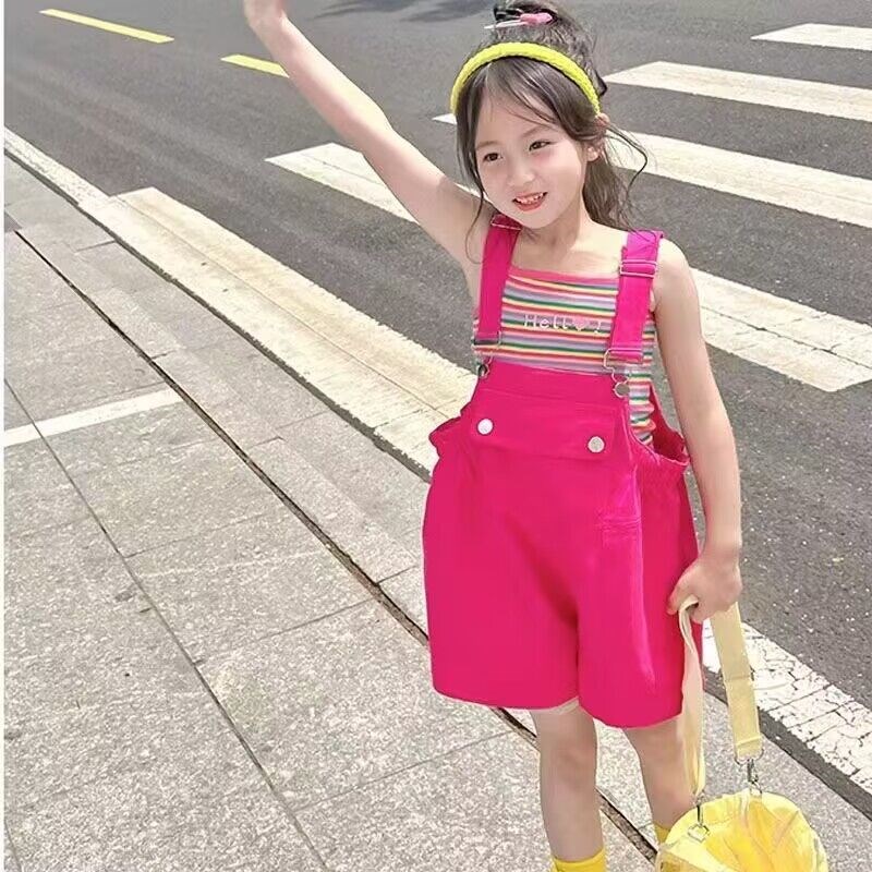 女童背带裤夏装套装2025新款中大童洋气背心薄款短裤儿童两件套潮