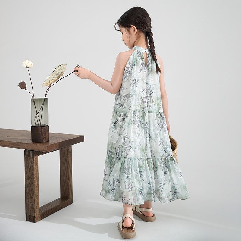 新中式女童旗袍裙中长款改良版汉服中国风夏季飒气人棉雪纺碎花裙