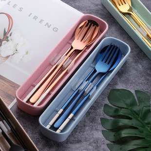304不锈钢筷子勺子套装叉子可爱上班旅行便携式学生餐具盒三件套