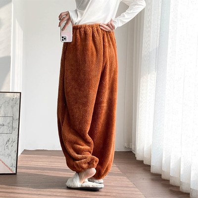 法兰绒睡裤秋冬加厚大码简约胖MM宽松珊瑚绒休闲百搭家居长裤男女