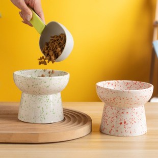 高脚猫碗陶瓷宠物碗护颈平口碗猫碗猫咪食盆粮碗成猫食器厂家