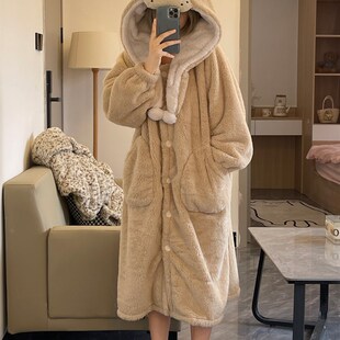 卡通可爱连帽珊瑚绒睡衣女冬季2024新款加绒加厚保暖睡袍家居睡裙