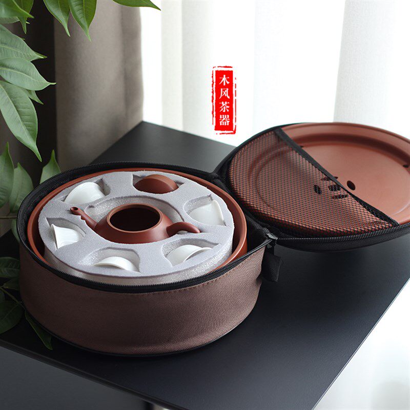 功夫茶具套装老式潮汕茶盘紫砂家用沥水旅行茶船陶瓷圆便携户外蓄