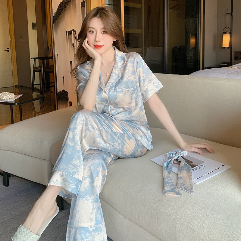 真丝睡衣女2025新款夏季奶泡碎冰蓝开衫短袖长裤两件套家居服套装