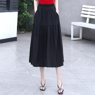 女士白色半身裙新款a字裙中长款口袋半裙小个子垂坠感裙子夏洋气