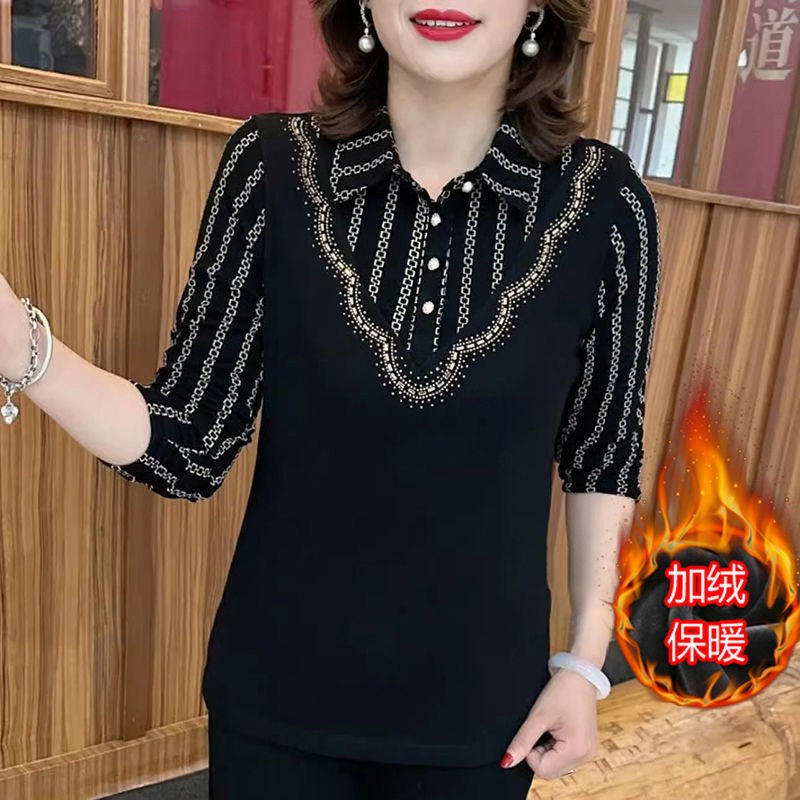 2024年中老年妈妈加绒保暖衬衫领打底衫洋气显瘦长袖镶钻上衣女冬