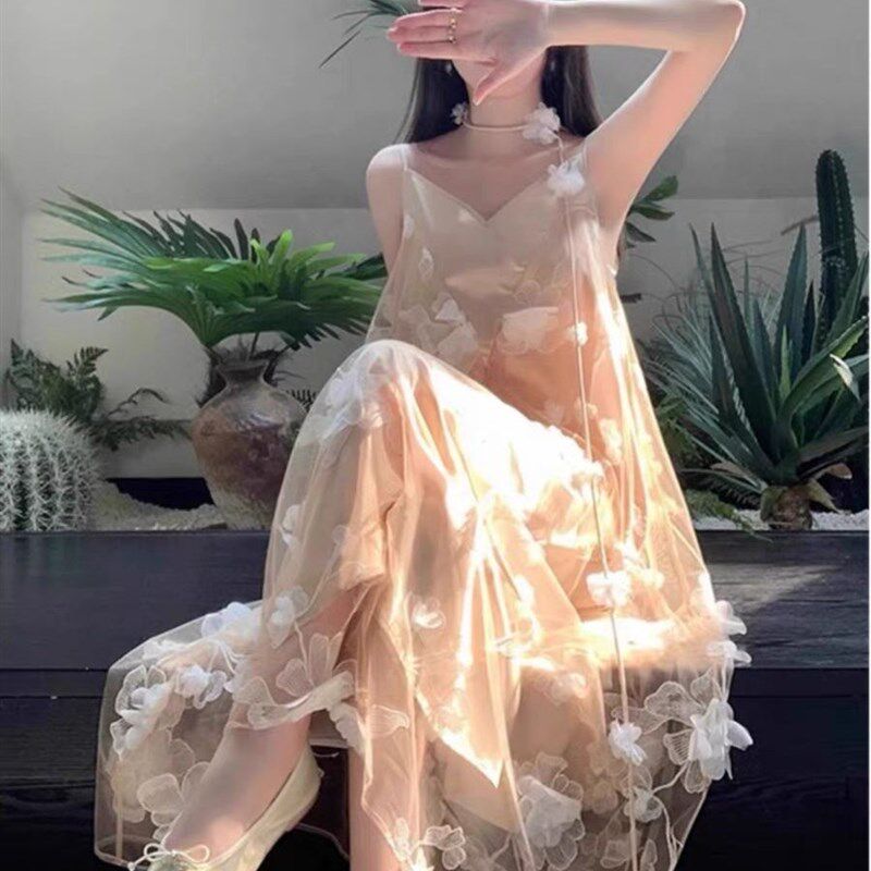 绝美氛围感~仙女跳舞唯美立体花连衣裙