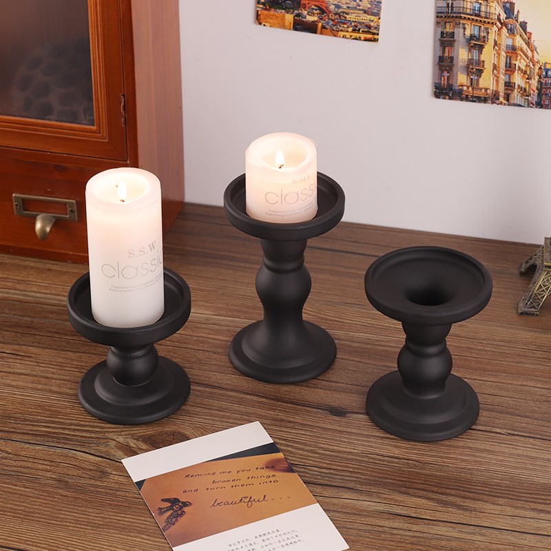 轻奢黑色玻璃哑光烛台摆件结婚餐桌浪漫烛光晚餐装饰品罗马柱蜡台