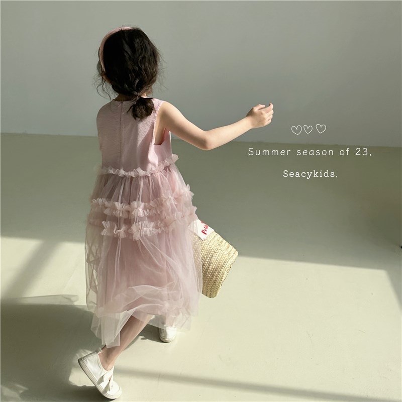 女童连衣裙2024新款夏装儿童洋气淑女风蓬蓬网纱公主裙无袖背心裙