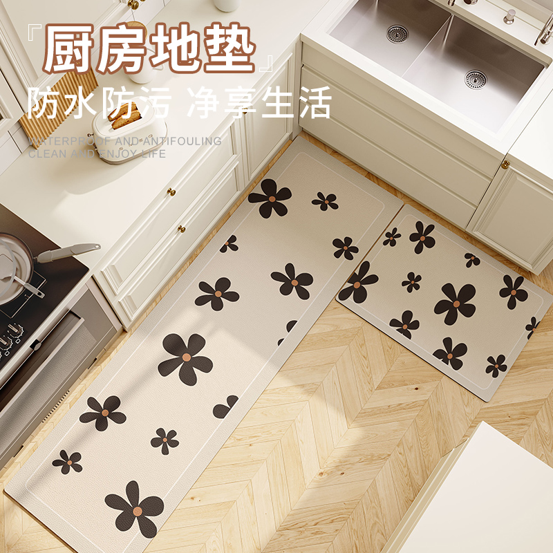 奶油风厨房地垫防滑防水防油可擦免洗一擦净皮革长条脚垫家用地毯