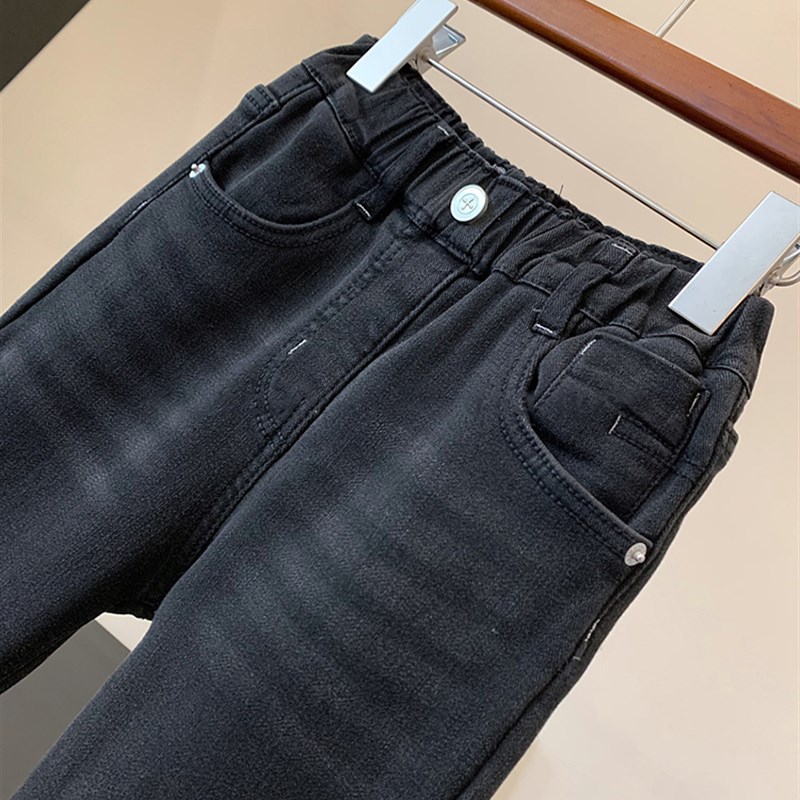 2024冬装新女中大童百搭高腰款黑色一体绒加绒牛仔喇叭裤外穿长裤