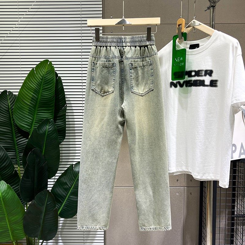 秋季直筒牛仔裤男美式做旧膝盖破洞裤子薄款九分工装裤窄版乞丐裤