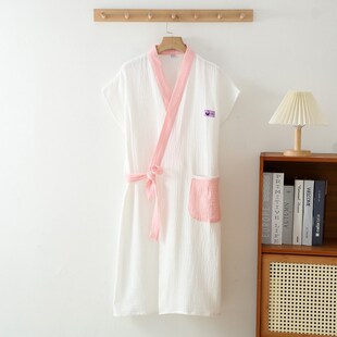 夏女士男士薄款情侣绉纹纱布浴巾可穿式短袖和服无袖睡衣睡袍浴袍