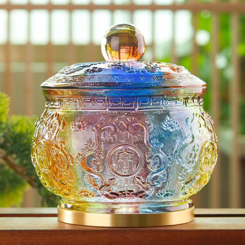 琉璃聚宝盆米缸聚财盆高端铜底座聚宝盆居家客厅桌面吸财聚财摆件