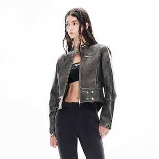 皮夹克 擦色做旧皮衣女百搭显瘦秋款 EMPTY PAGE咖啡色短款