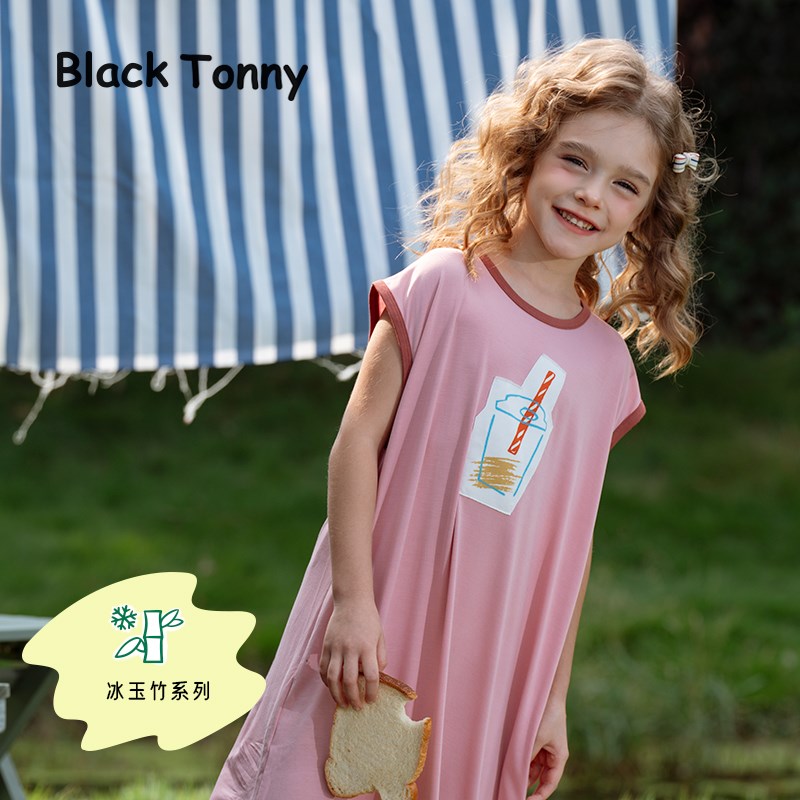 小黑托昵2025夏季宝宝睡衣空调服外穿凉感女童睡裙儿童家居服套装