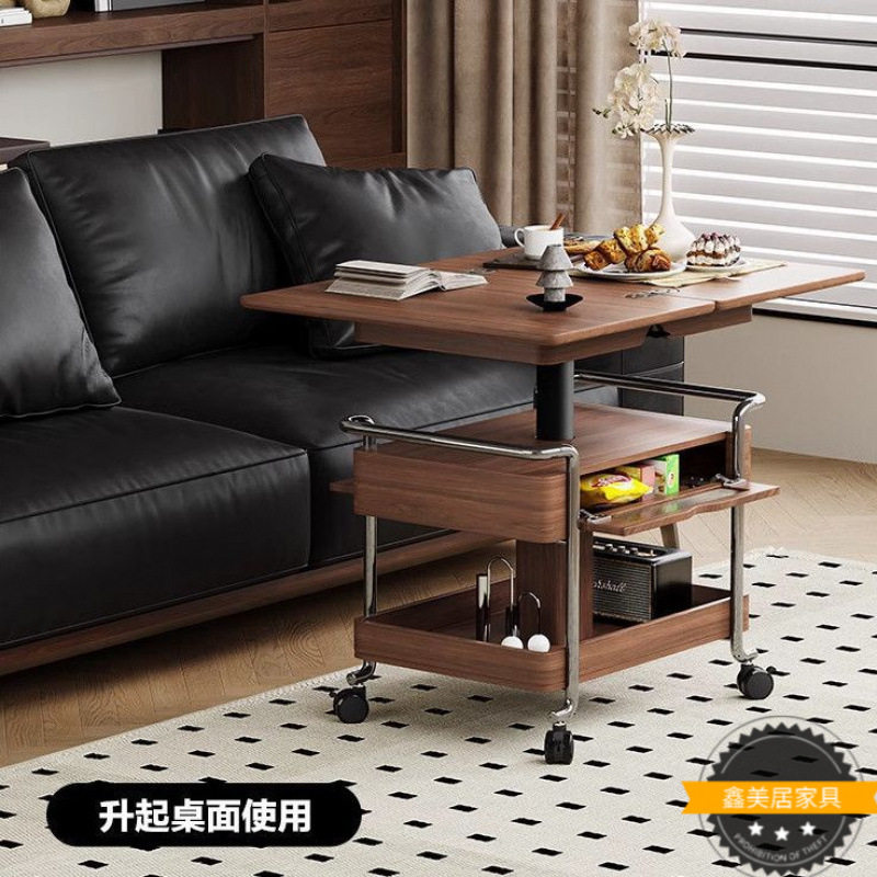 实木中古风小推车客厅家用移动折叠复古带轮茶几小户型升降茶几车