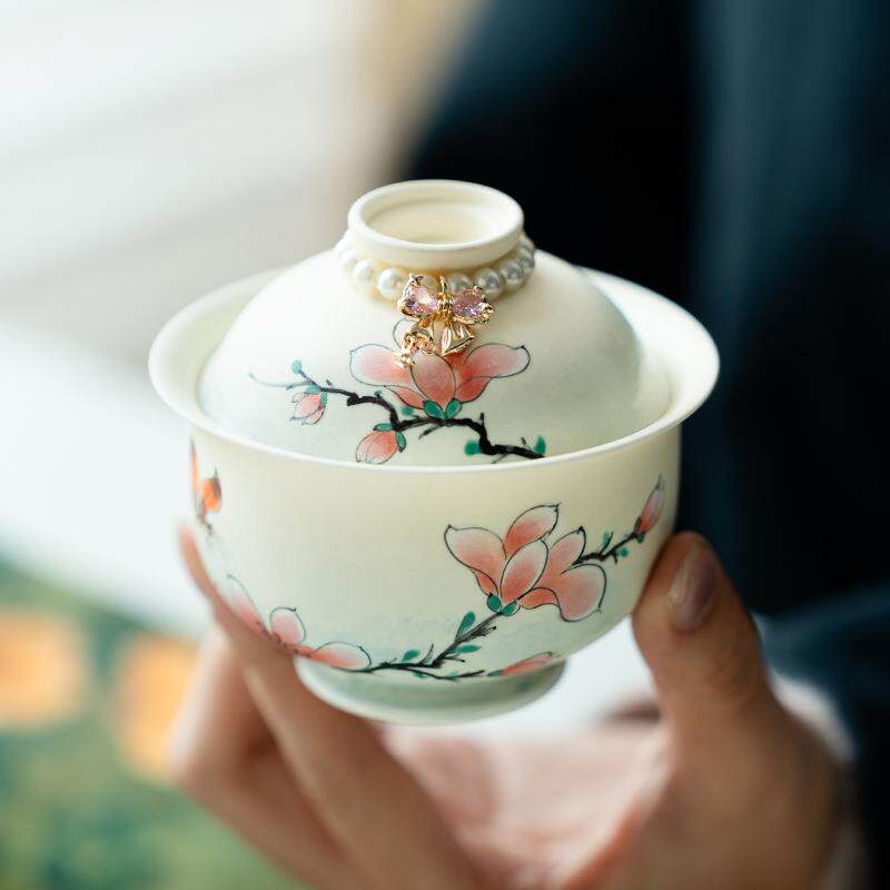 纯手绘蝶影玉兰花二才盖碗茶杯创意渐变蓝粉引陶瓷泡茶碗女士