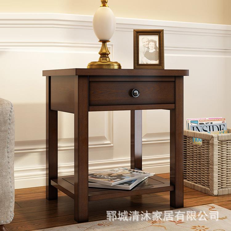 美式乡村沙发边茶几简约复古小方桌小户型实木单抽储物收纳柜