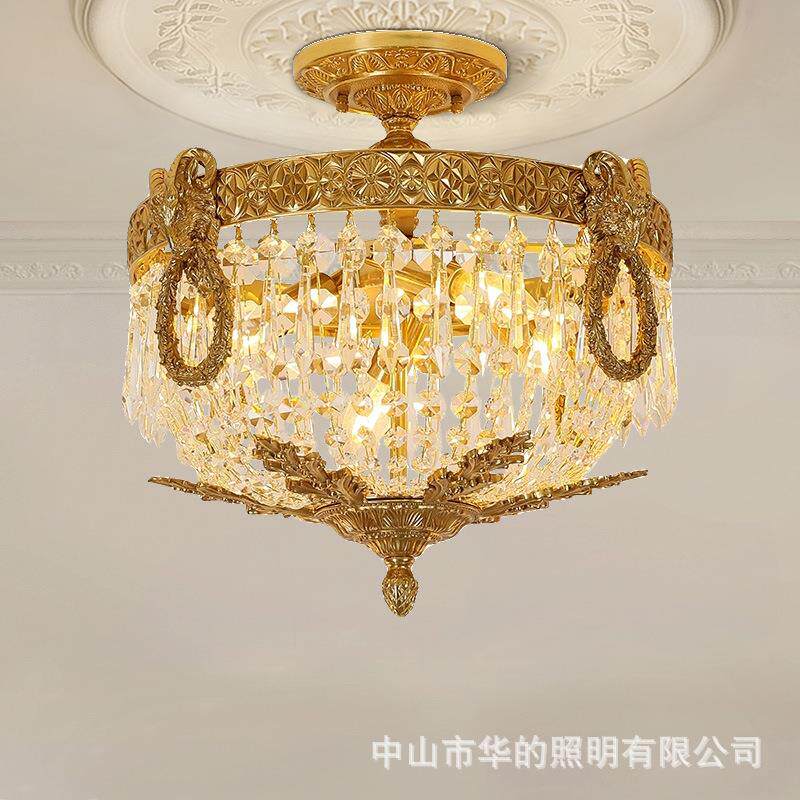 法式全铜水晶吸顶灯欧式别墅奢华复古卧室铜灯书房过道入户玄关灯