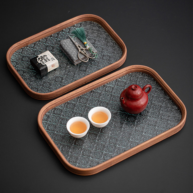 中式家用简约茶点盘茶具杯子收纳餐盘海棠花玻璃托盘小型竹制茶盘