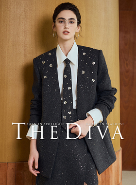 THE DIVA现货/高定重磅加厚羊毛手工梅花钉珠通勤西装/半裙裤套装