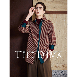 DIVA 经典 新疆长绒棉 时髦条纹衬衫 撞色拼接衬衣 复古酒红色 THE