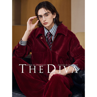 城市通勤 灯芯绒保暖夹克 长裤 THE 外套套装 勃艮第红 开衫 DIVA