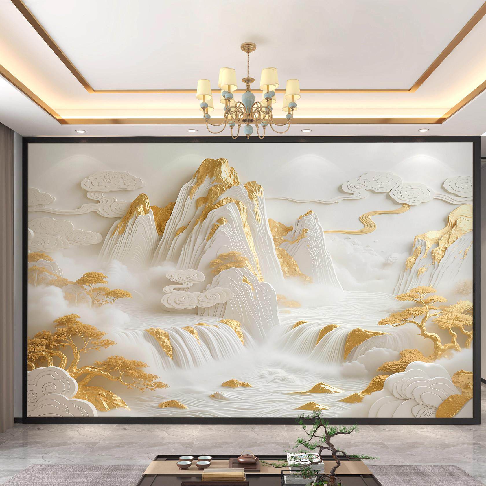 中式浮雕电视背景墙壁画意境山水壁布8d立体壁纸客厅沙发影视墙布