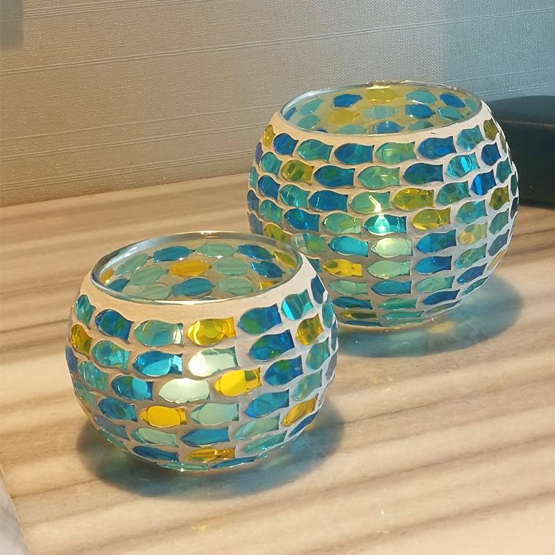 地中海兰色鱼群套二马赛克玻璃茶蜡烛台浪漫烛光晚餐装饰包邮